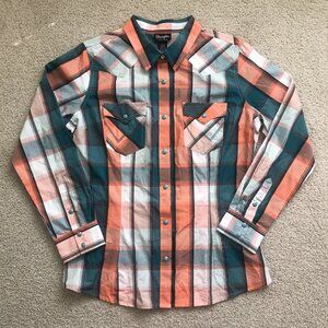 Wrangler Retro Snap Long Sleeve Collared Western Shirt Peach Turquoise LW5013M